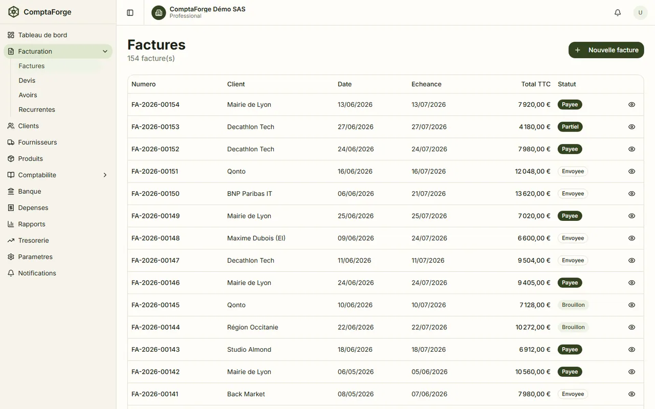Liste des factures dans ComptaForge