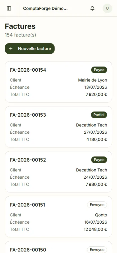 Liste des factures dans ComptaForge